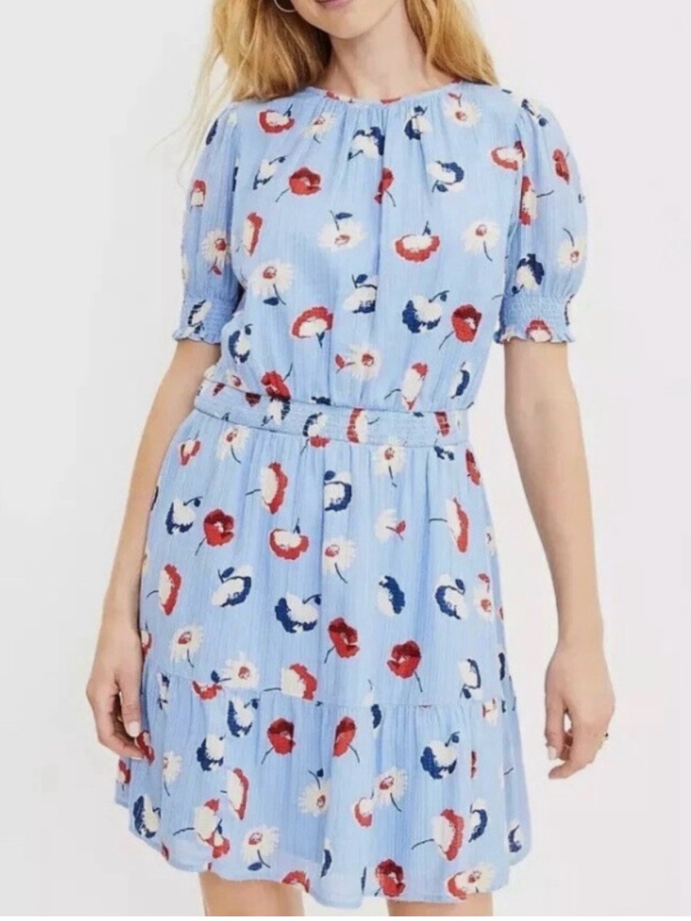 LOFT Sky Blue Floral Puff-Sleeve Tiered Dress NWT